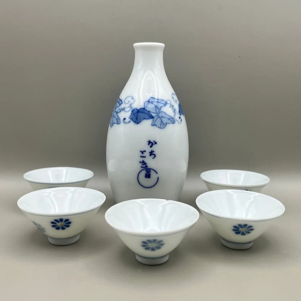 Japanese Sake Set White Blue Porcelain Tokkuri Carafe 5 Ochoko Cups Ivy As Is